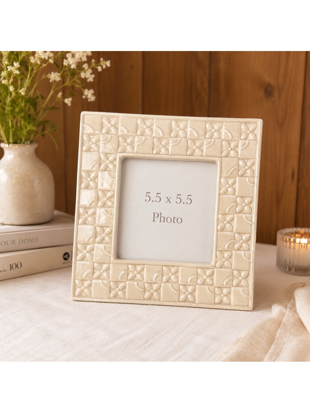 Vintage Cream Ceramic Floral Tile Picture Frame 5.5 x 5.5 Photo